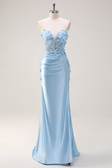 Vestido de fiesta de lentejuelas sin tirantes de sirena azul cielo con apliques